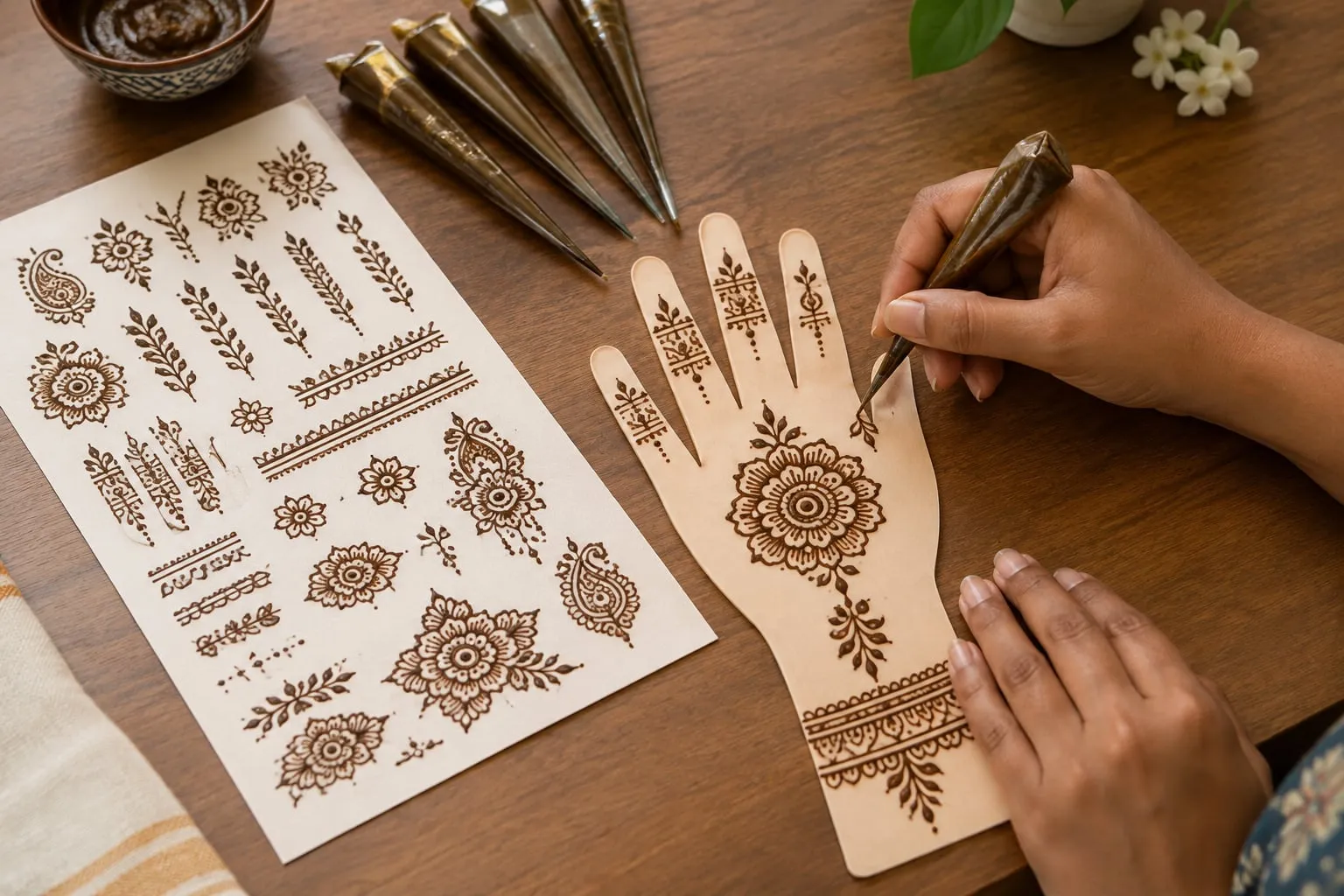 A work table with henna cones, a practice sheet and hands drawing