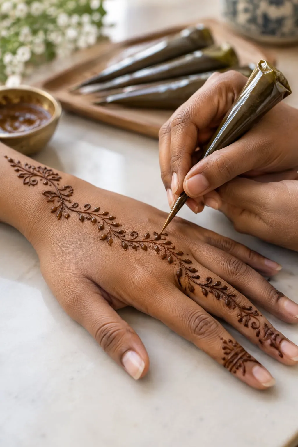 Students learning mehandi at the academy