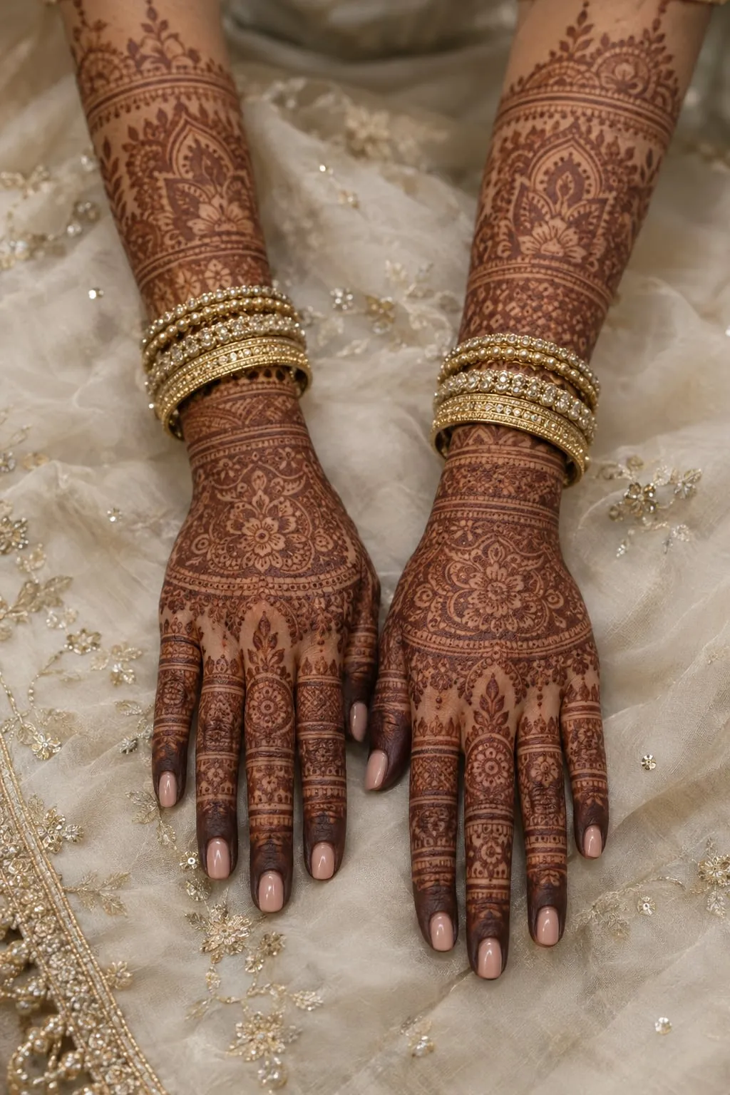 Bride with dense traditional mehndi on both hands