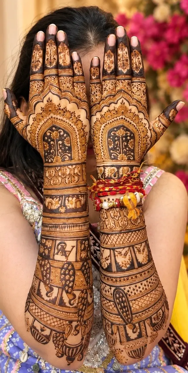 Bride with dense traditional mehndi on both hands