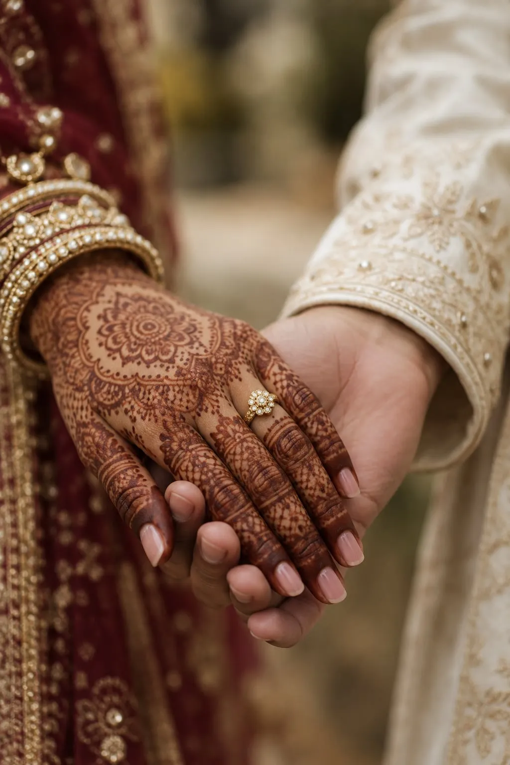 Bride’s hand in the groom’s hand, showing detailed mehndi and a ring