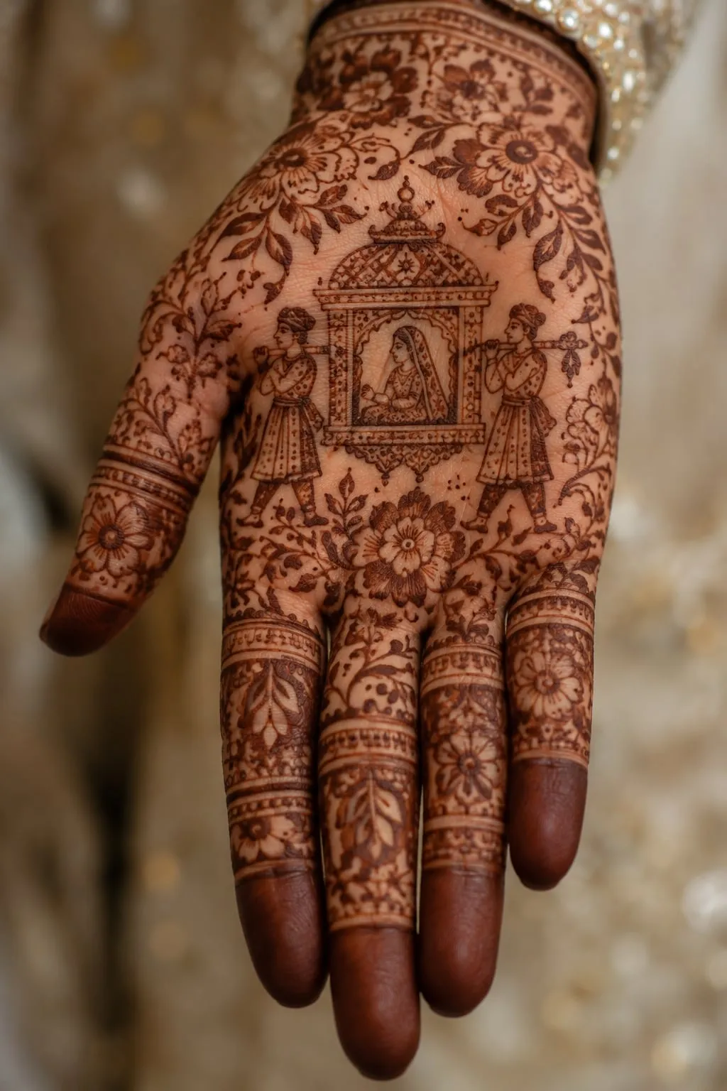 Bridal mehandi with a figure motif on the palm