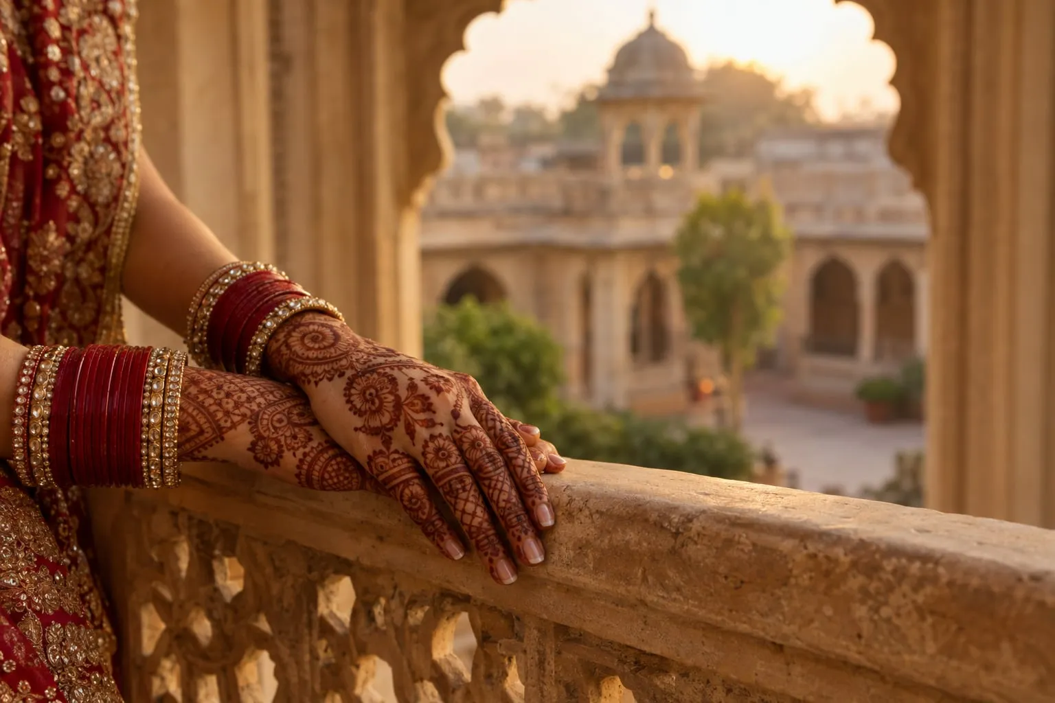 Bride's hands on a carved balcony overlooking a Rajasthani palace