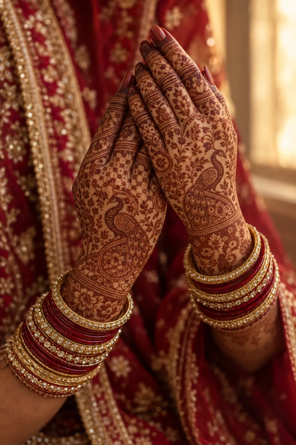 Bride's hands with dense bridal mehndi showing peacocks and jaali, with red and gold bangles