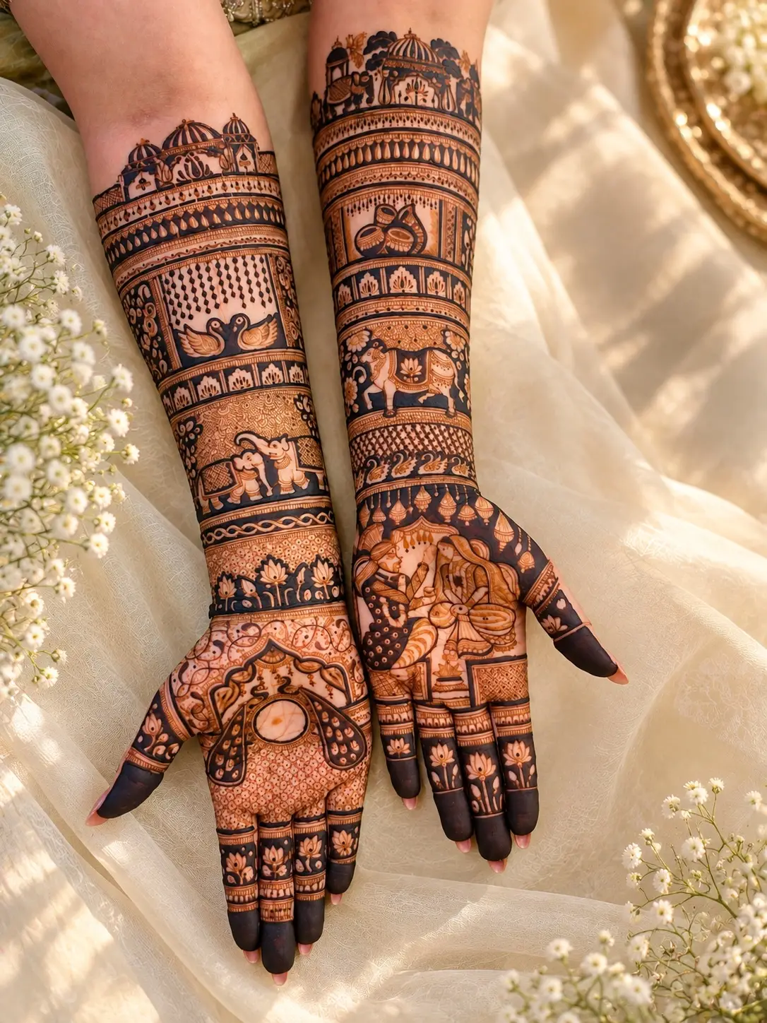 Bride's hands with dense bridal mehndi showing peacocks and jaali, with red and gold bangles