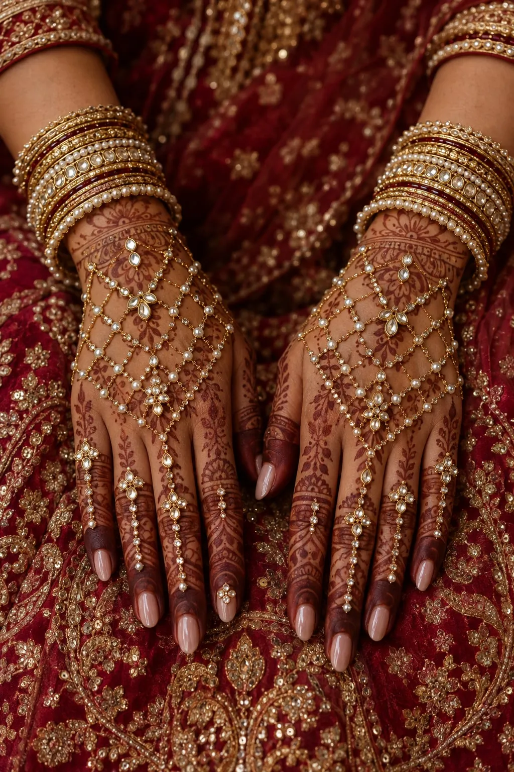 Bridal Kundan mehandi with stones and pearls set across henna on the back of the hands