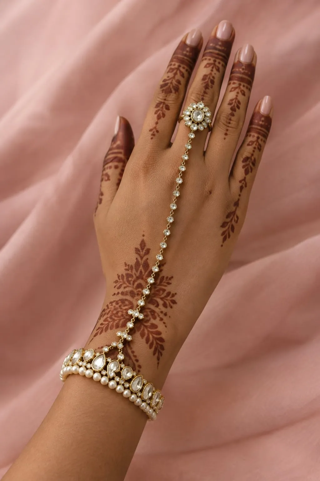 Kundan wrist band and ring-and-chain design in pearls and stones