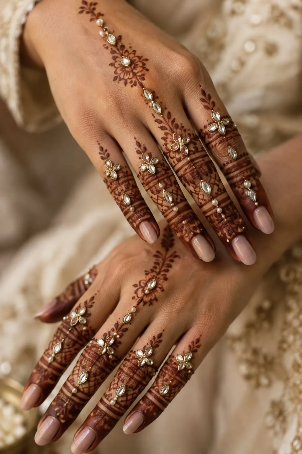 Close-up of fingers with Kundan stones placed along fine henna linework